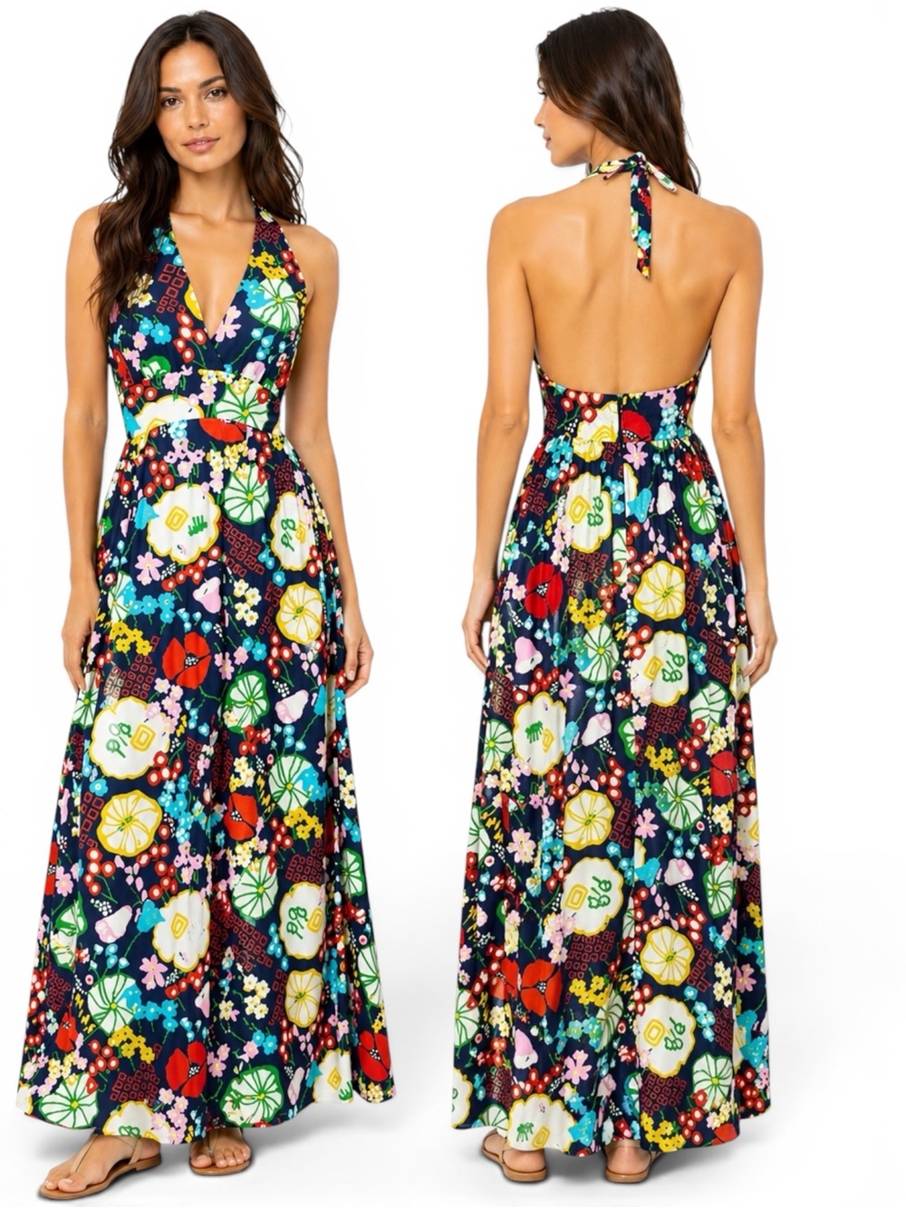 VTG 60s Patty Woodard Floral Halter Maxi Dress Boho Hippie Small Multicolored